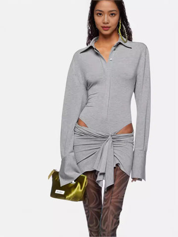 Babes Gray Long-Sleeved Polo Collar Short Dress Girl Niche Fall Sexy Irregular Hollow Dress